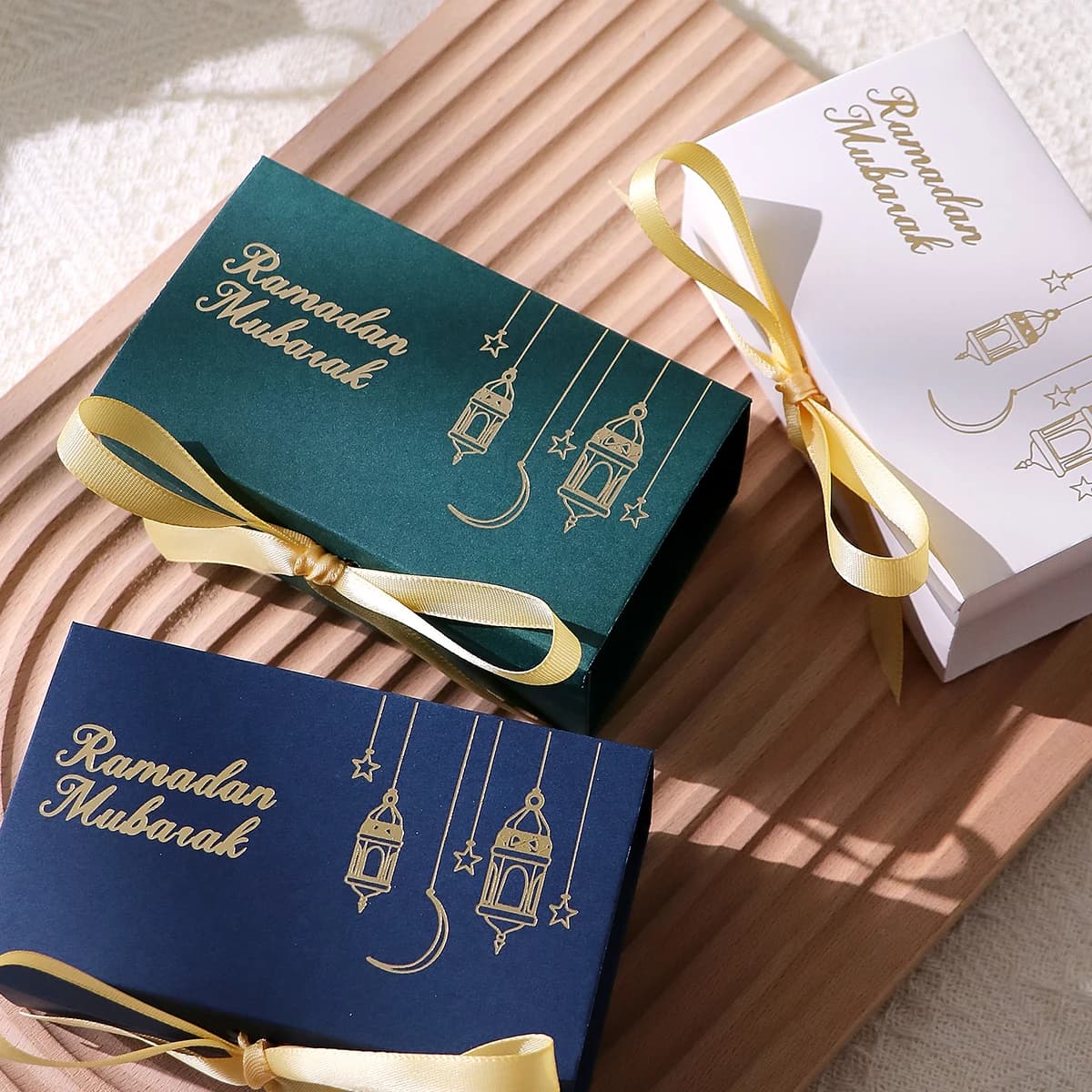 10 Ramadan Eid Candy Boxes - Gold Lantern and Moon Designs, Rectangular Paper Boxes with Ribbons, Muslim Holiday Party Candy Containers, Suitable for Eid - Image 4