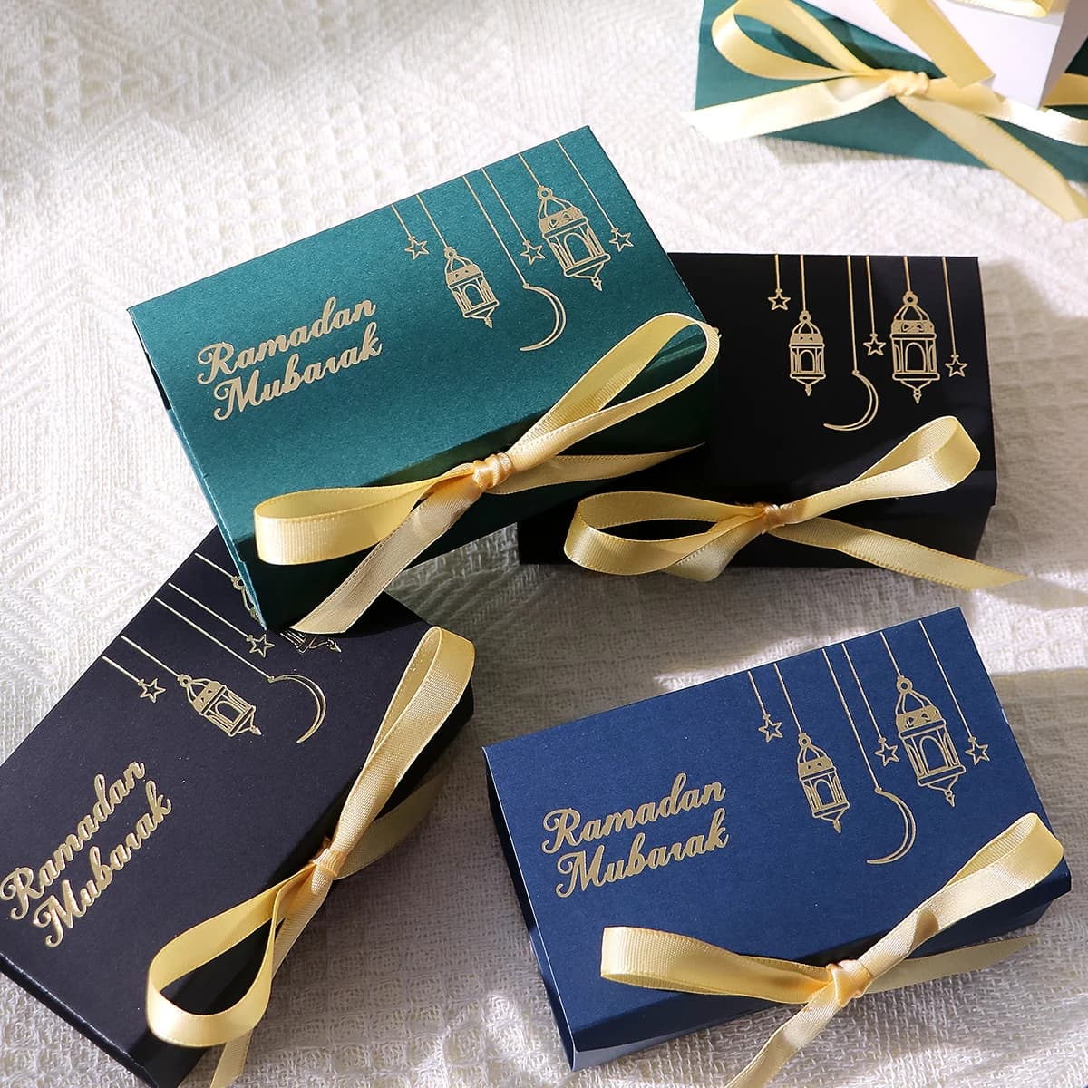 10 Ramadan Eid Candy Boxes - Gold Lantern and Moon Designs, Rectangular Paper Boxes with Ribbons, Muslim Holiday Party Candy Containers, Suitable for Eid - Image 3