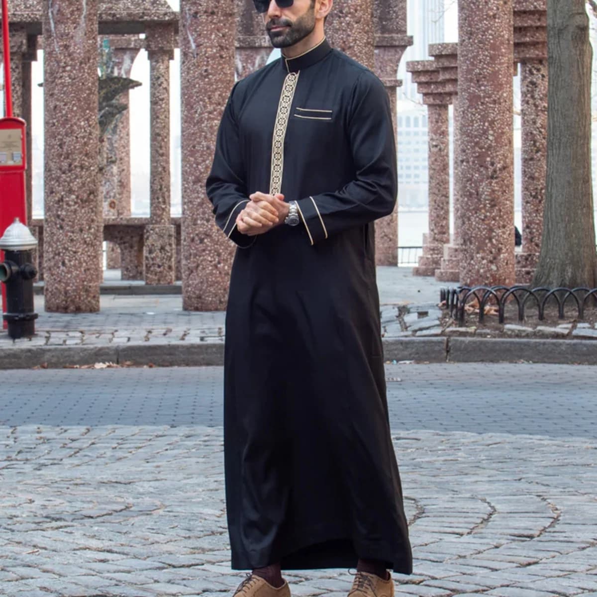 Islamic muslim Arabic men's robe long sleeve embroidered stand collar arabian thobe for men - Image 2