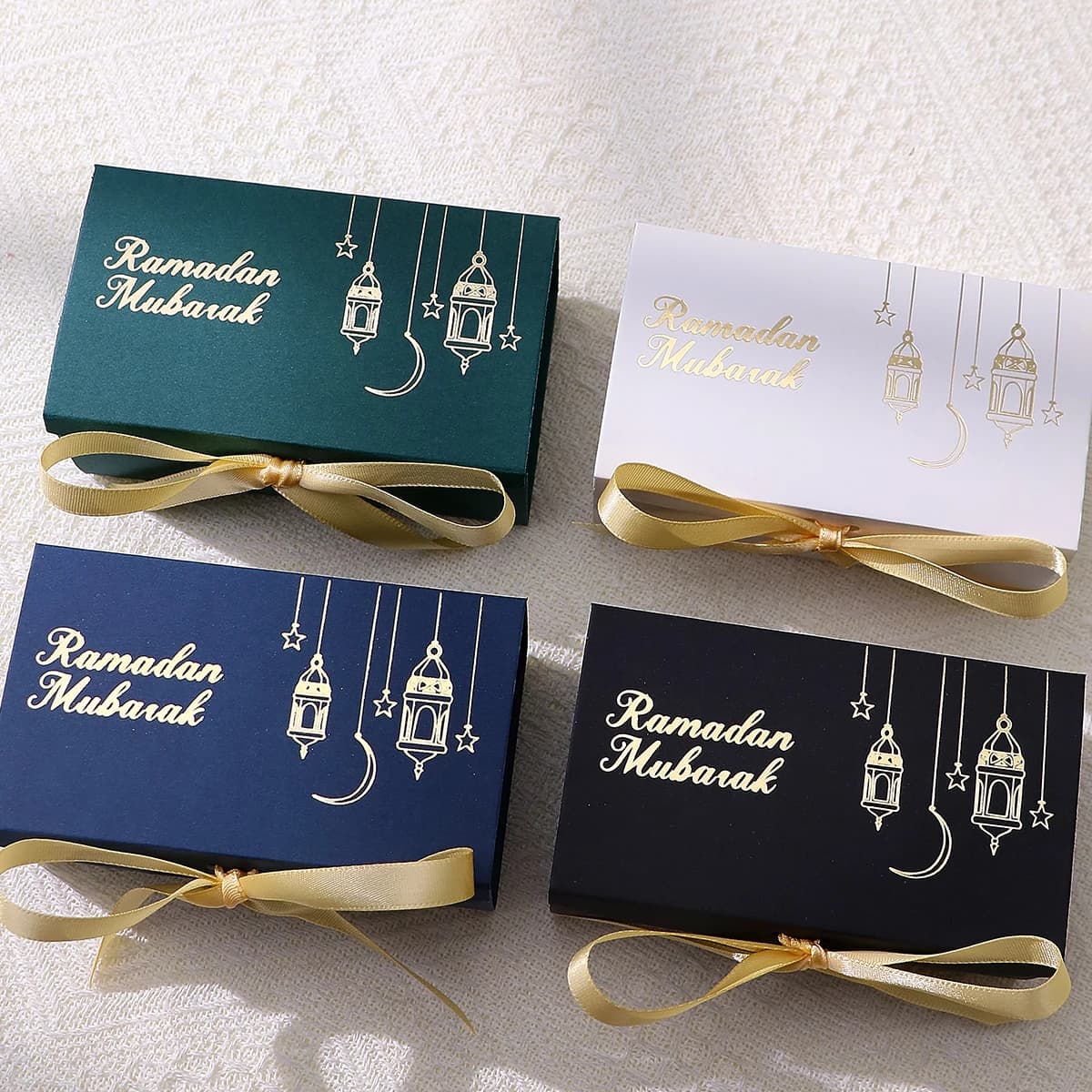 10 Ramadan Eid Candy Boxes - Gold Lantern and Moon Designs, Rectangular Paper Boxes with Ribbons, Muslim Holiday Party Candy Containers, Suitable for Eid - Image 2