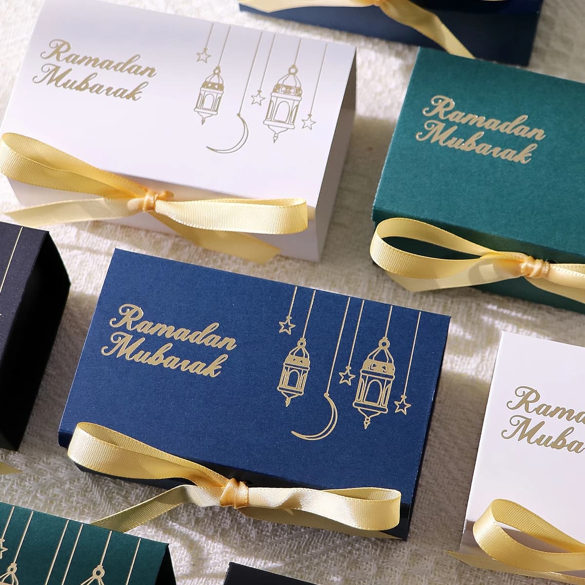 10 Ramadan Eid Candy Boxes - Gold Lantern and Moon Designs, Rectangular Paper Boxes with Ribbons, Muslim Holiday Party Candy Containers, Suitable for Eid - Image 5